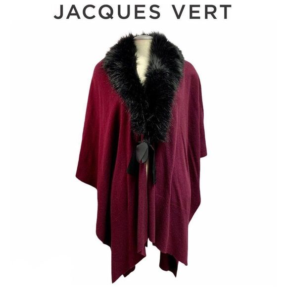 Jacques Vert plum burgundy Wool Cashmere Poncho cape shawl faux fur trim ribbon - Picture 10 of 10